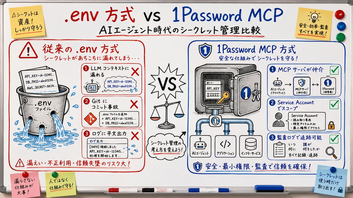 Comparison diagram of the legacy .env approach and the 1Password MCP approach