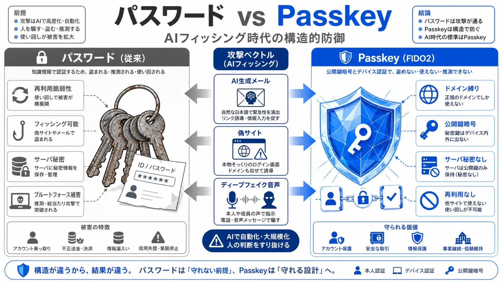 Comparison diagram of password-based authentication versus passkey authentication, showing how AI phishing, typosquatting, and credential reuse defeat passwords while passkeys block them by domain-binding