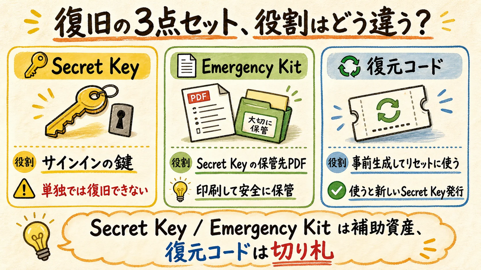 Diagram comparing the roles of the Secret Key, Emergency Kit, and recovery code in 1Password