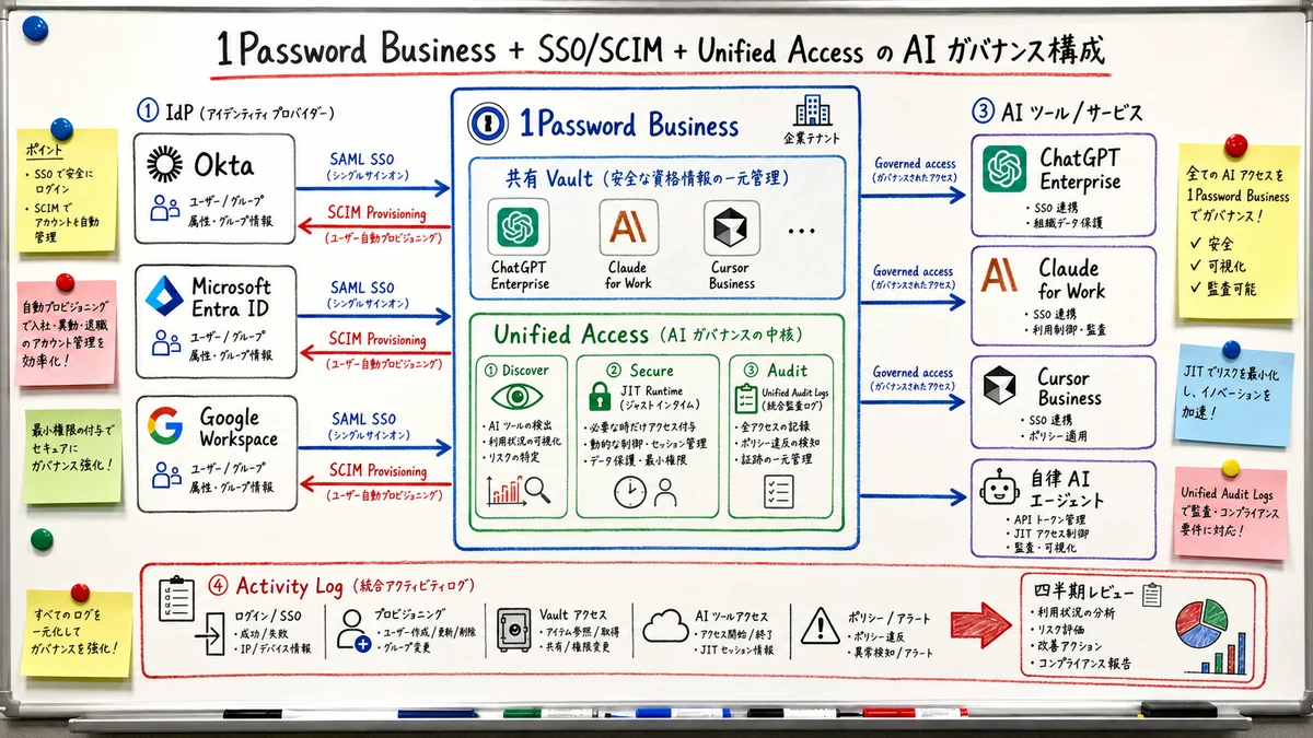 Architecture diagram of 1Password Business integrated with SSO/SCIM identity providers and Unified Access controls