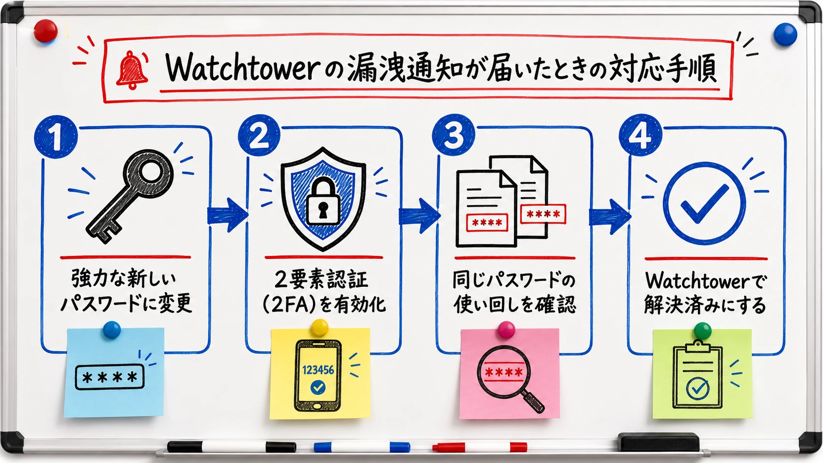 Response flow after a Watchtower breach alert: change password, enable 2FA, check for reuse, mark resolved