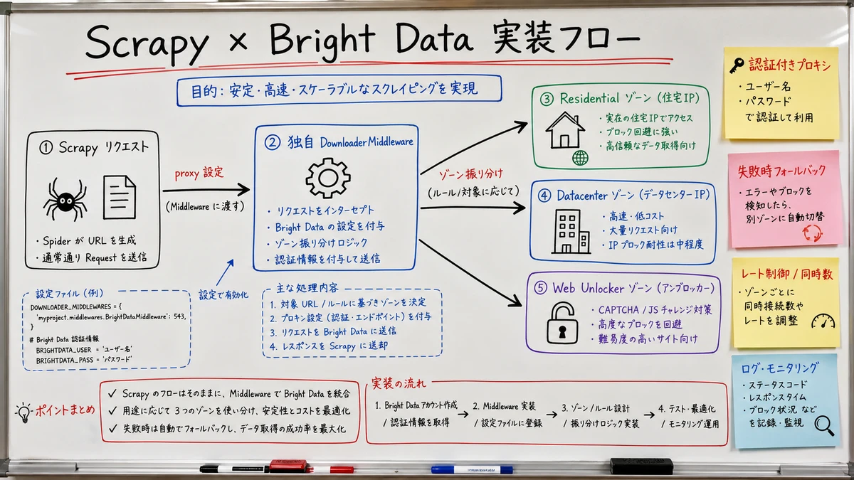 Implementation flow diagram showing a Scrapy request passing through a DownloaderMiddleware and being routed to Bright Data zones